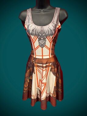 LDC Graphic Armor-Inspired Sleeveless Skater Dress in White and Brown